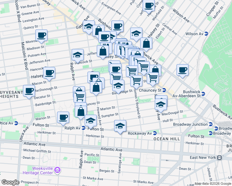 map of restaurants, bars, coffee shops, grocery stores, and more near Saratoga Avenue & Bainbridge Street in Brooklyn