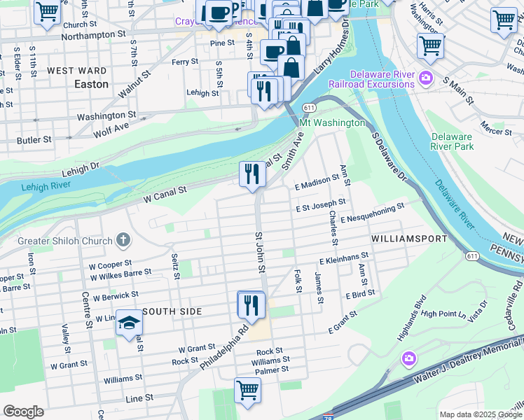 map of restaurants, bars, coffee shops, grocery stores, and more near 148 West Madison Street in Easton