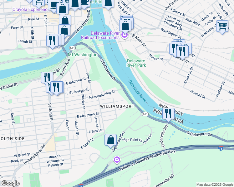 map of restaurants, bars, coffee shops, grocery stores, and more near 417 East Nesquehoning Street in Easton