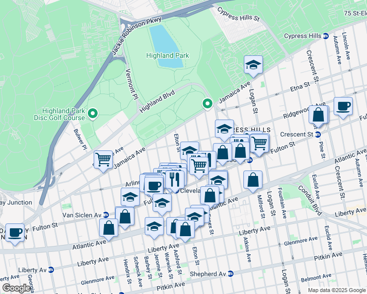 map of restaurants, bars, coffee shops, grocery stores, and more near 95 Ridgewood Avenue in Brooklyn