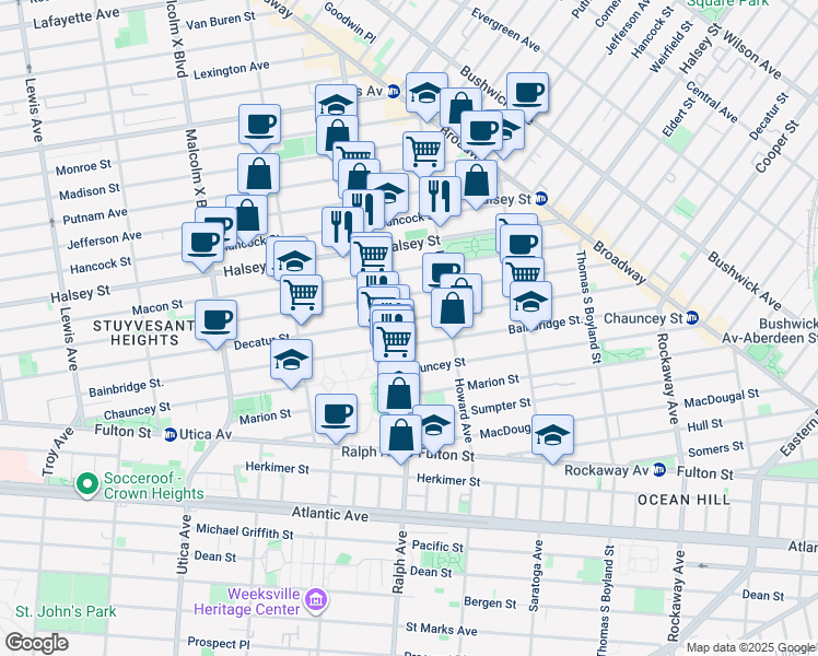 map of restaurants, bars, coffee shops, grocery stores, and more near 545 Decatur Street in Brooklyn