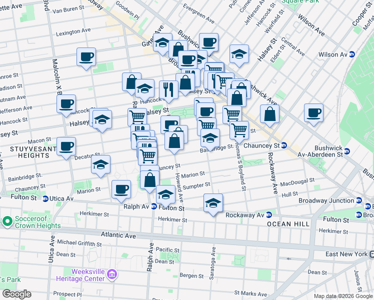 map of restaurants, bars, coffee shops, grocery stores, and more near 449 Bainbridge Street in Brooklyn