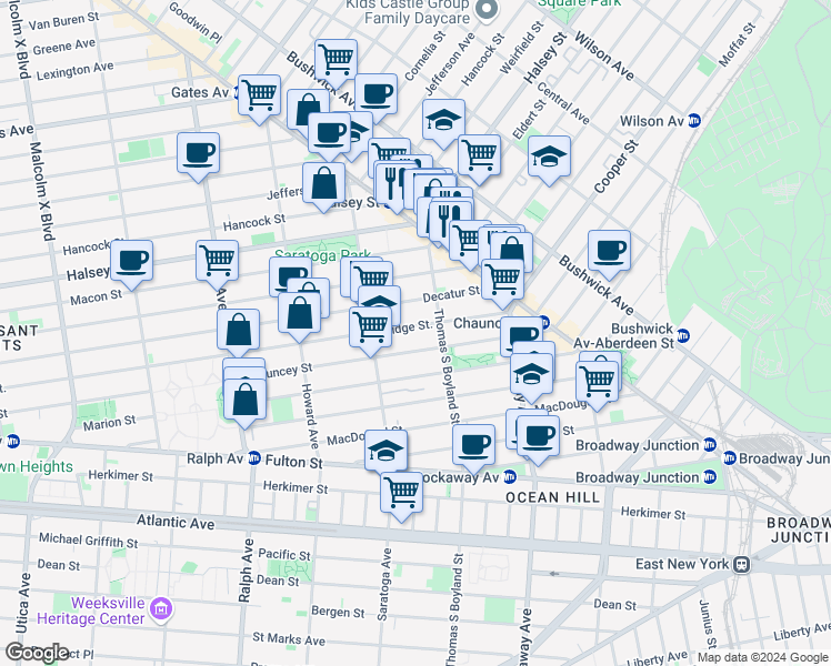 map of restaurants, bars, coffee shops, grocery stores, and more near 537 Bainbridge Street in Brooklyn