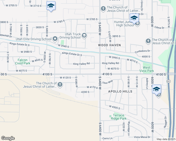 map of restaurants, bars, coffee shops, grocery stores, and more near 6489 West Castle View Drive in West Valley City