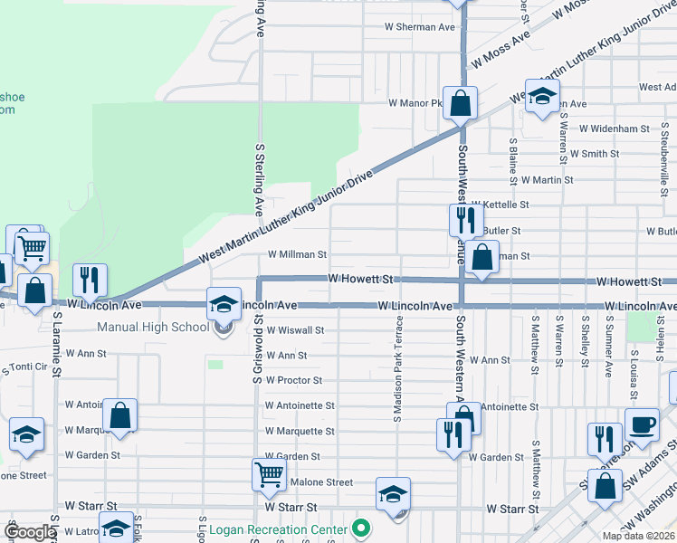 map of restaurants, bars, coffee shops, grocery stores, and more near 2304 West Millman Street in Peoria