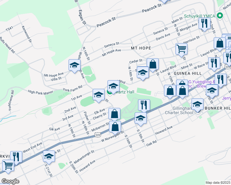 map of restaurants, bars, coffee shops, grocery stores, and more near 1541 Laurel Boulevard in Pottsville