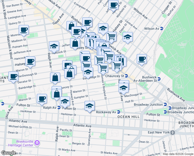 map of restaurants, bars, coffee shops, grocery stores, and more near 537 Bainbridge Street in Brooklyn