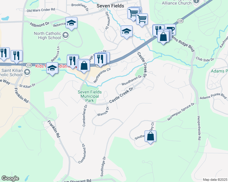 map of restaurants, bars, coffee shops, grocery stores, and more near 601 Wilshire Circle in Seven Fields