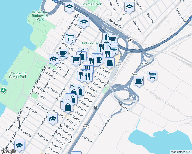 map of restaurants, bars, coffee shops, grocery stores, and more near 1030 Broadway in Bayonne
