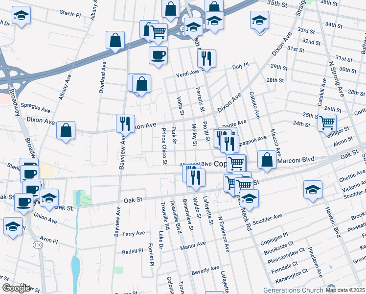 map of restaurants, bars, coffee shops, grocery stores, and more near 115 Leonardo Da Vinci Street in Copiague