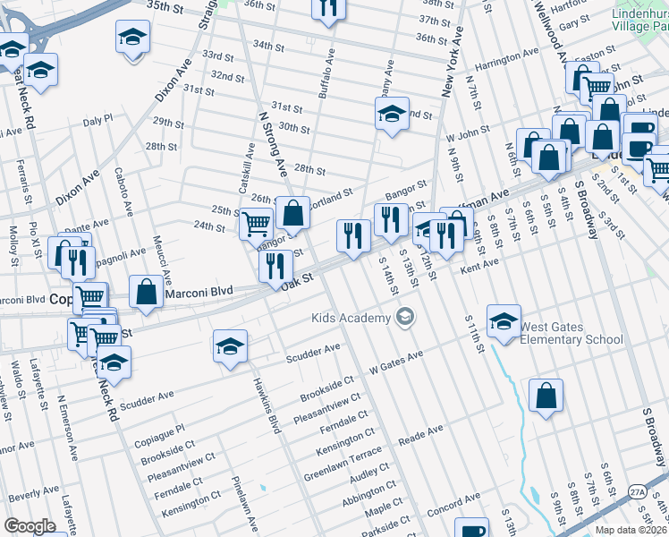 map of restaurants, bars, coffee shops, grocery stores, and more near 640 West Hoffman Avenue in Lindenhurst