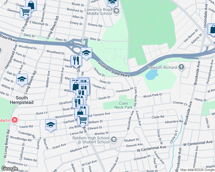 map of restaurants, bars, coffee shops, grocery stores, and more near 800 Dean Drive in Baldwin