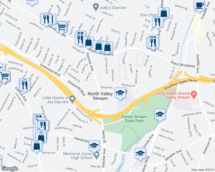 map of restaurants, bars, coffee shops, grocery stores, and more near 946 Val Park Avenue in Valley Stream