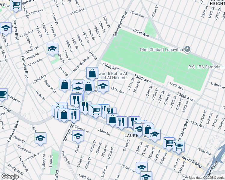map of restaurants, bars, coffee shops, grocery stores, and more near 218-05 131st Avenue in Queens