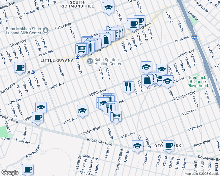 map of restaurants, bars, coffee shops, grocery stores, and more near 120-11 109th Avenue in Queens