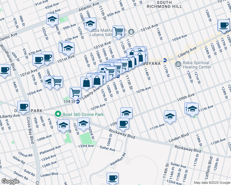 map of restaurants, bars, coffee shops, grocery stores, and more near 104-25 108th Street in Queens