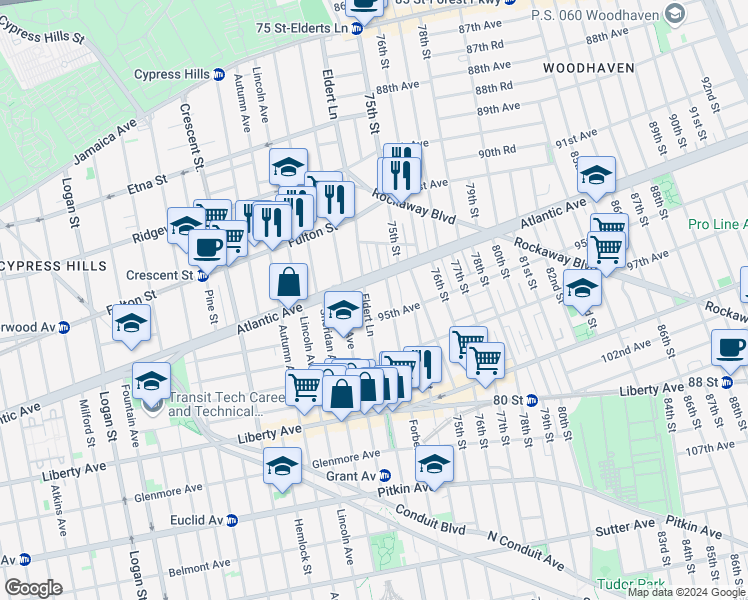 map of restaurants, bars, coffee shops, grocery stores, and more near in Queens