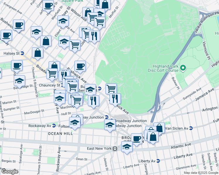 map of restaurants, bars, coffee shops, grocery stores, and more near 96 De Sales Place in Brooklyn