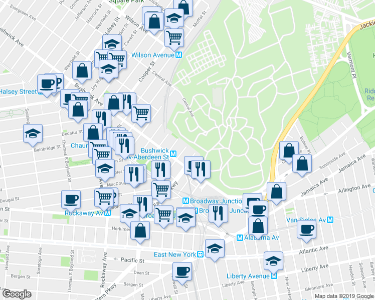 map of restaurants, bars, coffee shops, grocery stores, and more near 96 De Sales Place in Brooklyn