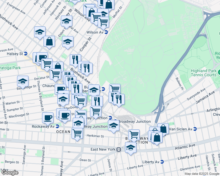map of restaurants, bars, coffee shops, grocery stores, and more near 96 De Sales Place in Brooklyn