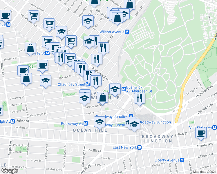 map of restaurants, bars, coffee shops, grocery stores, and more near 1469 Bushwick Avenue in Brooklyn
