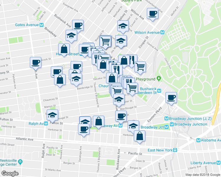 map of restaurants, bars, coffee shops, grocery stores, and more near in Brooklyn