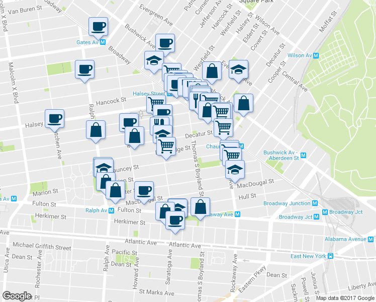 map of restaurants, bars, coffee shops, grocery stores, and more near 537 Bainbridge Street in Brooklyn
