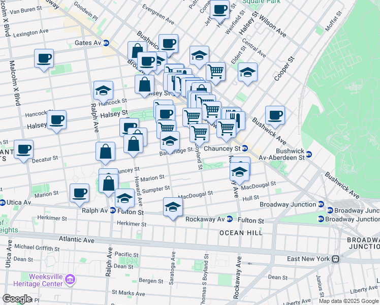 map of restaurants, bars, coffee shops, grocery stores, and more near 537 Bainbridge Street in Brooklyn