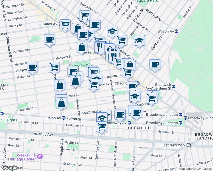 map of restaurants, bars, coffee shops, grocery stores, and more near 537 Bainbridge Street in Brooklyn