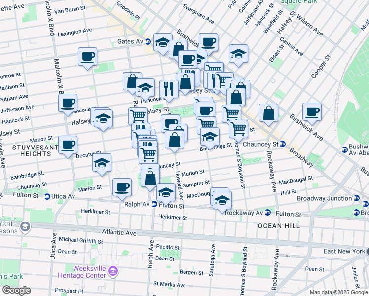 map of restaurants, bars, coffee shops, grocery stores, and more near 606 Decatur Street in Brooklyn