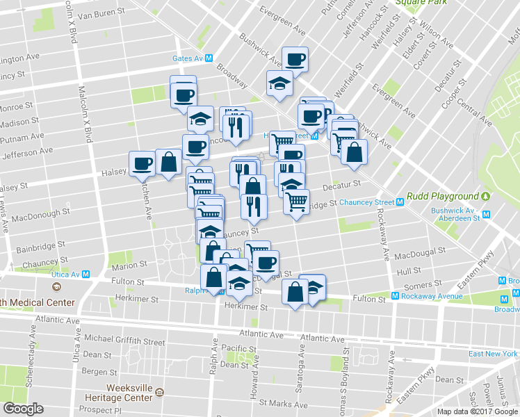 map of restaurants, bars, coffee shops, grocery stores, and more near 606 Decatur Street in Brooklyn