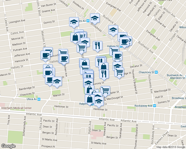 map of restaurants, bars, coffee shops, grocery stores, and more near 545 Decatur Street in Brooklyn