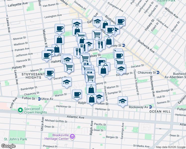 map of restaurants, bars, coffee shops, grocery stores, and more near 545 Decatur Street in Brooklyn