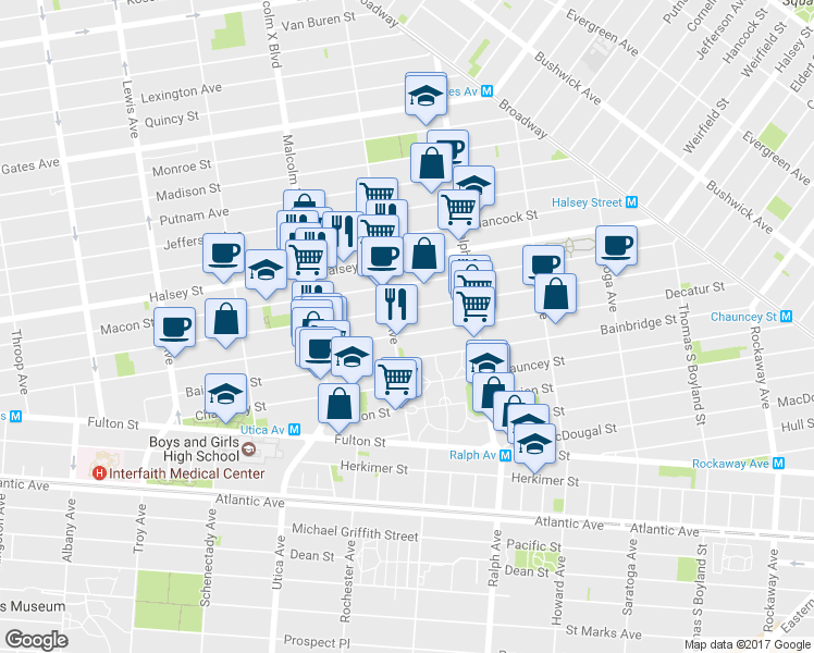 map of restaurants, bars, coffee shops, grocery stores, and more near 508 MacDonough Street in Brooklyn