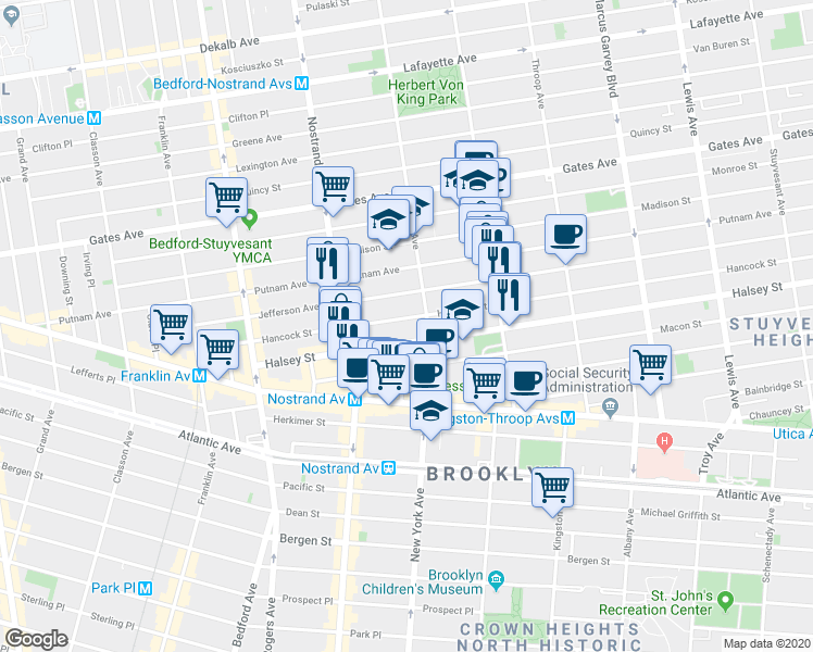 map of restaurants, bars, coffee shops, grocery stores, and more near 227 Hancock Street in Brooklyn