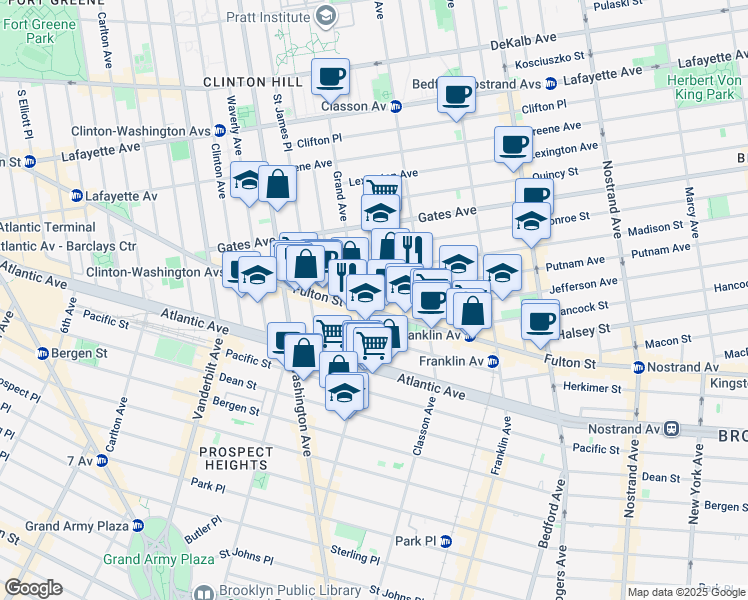 map of restaurants, bars, coffee shops, grocery stores, and more near 43 Putnam Avenue in Brooklyn