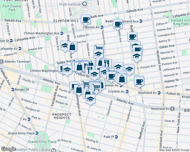 map of restaurants, bars, coffee shops, grocery stores, and more near 43 Putnam Avenue in Brooklyn