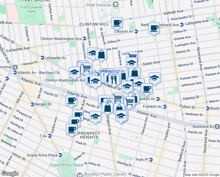 map of restaurants, bars, coffee shops, grocery stores, and more near 983 Fulton Street in Brooklyn