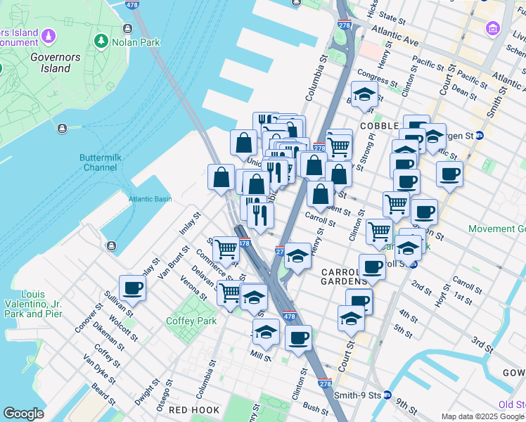 map of restaurants, bars, coffee shops, grocery stores, and more near 50 Carroll Street in Brooklyn