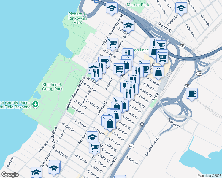 map of restaurants, bars, coffee shops, grocery stores, and more near 67 West 48th Street in Bayonne