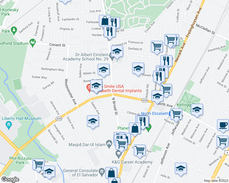 map of restaurants, bars, coffee shops, grocery stores, and more near 817 North Broad Street in Elizabeth