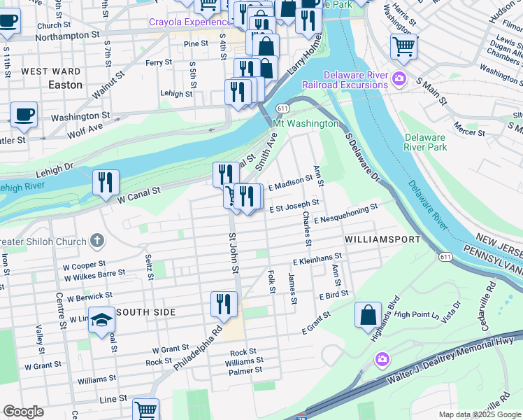 map of restaurants, bars, coffee shops, grocery stores, and more near 220 Folk Street in Easton