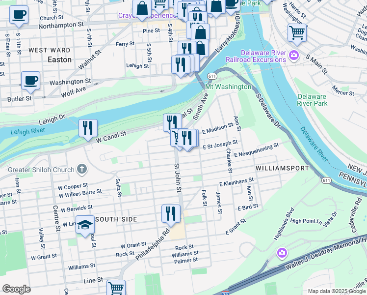 map of restaurants, bars, coffee shops, grocery stores, and more near 148 West Madison Street in Easton