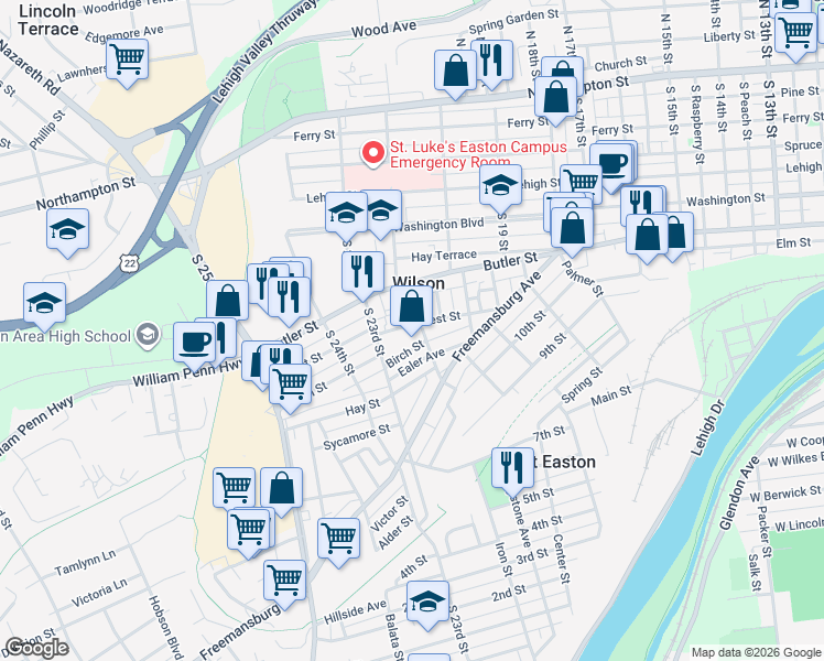 map of restaurants, bars, coffee shops, grocery stores, and more near 2115 Forest Street in Easton
