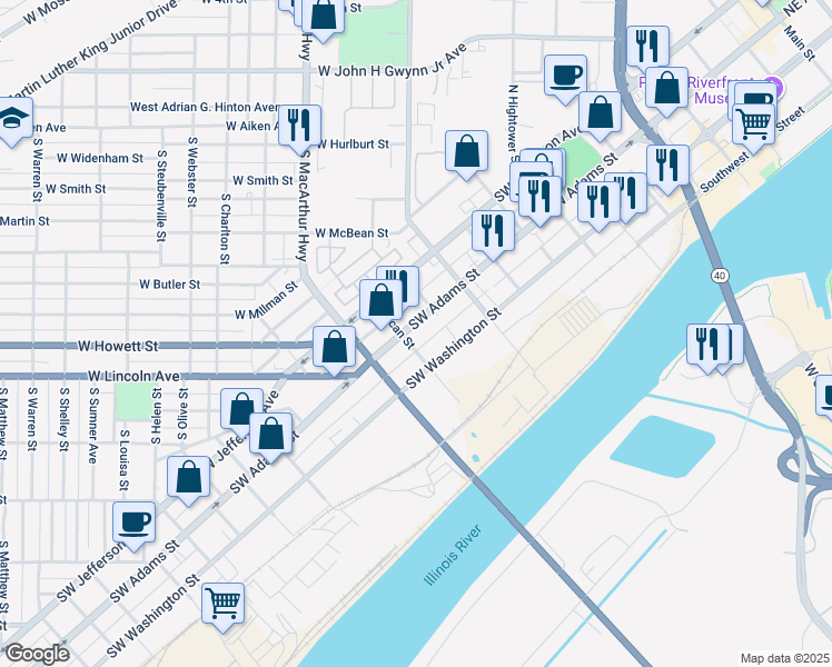map of restaurants, bars, coffee shops, grocery stores, and more near 1221 Southwest Adams Street in Peoria