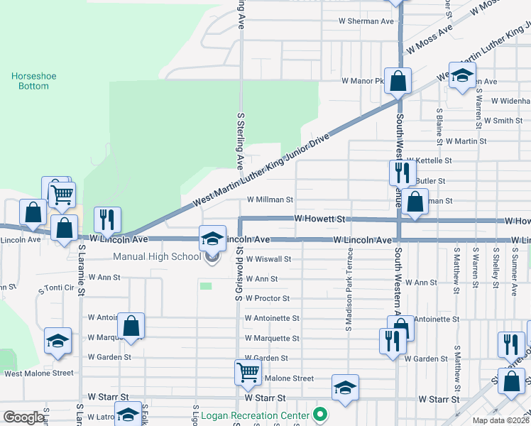 map of restaurants, bars, coffee shops, grocery stores, and more near 2330 West Millman Street in Peoria