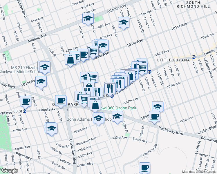 map of restaurants, bars, coffee shops, grocery stores, and more near 103-33 102nd Street in Queens
