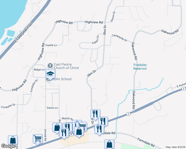 map of restaurants, bars, coffee shops, grocery stores, and more near 512 Illini Drive in East Peoria