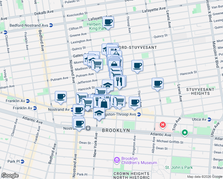 map of restaurants, bars, coffee shops, grocery stores, and more near 258 Hancock Street in Brooklyn
