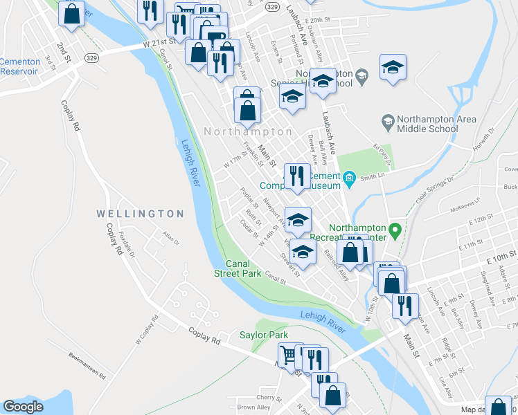 map of restaurants, bars, coffee shops, grocery stores, and more near 1501 Poplar Street in Northampton